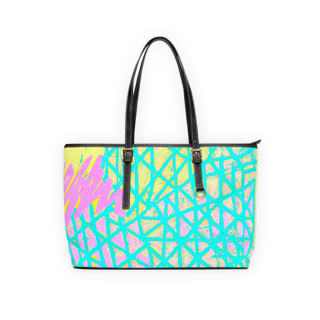 Large Leather Tote Shoulder Bag Cyan Blue Lime Green and Pink Pattern - Bags