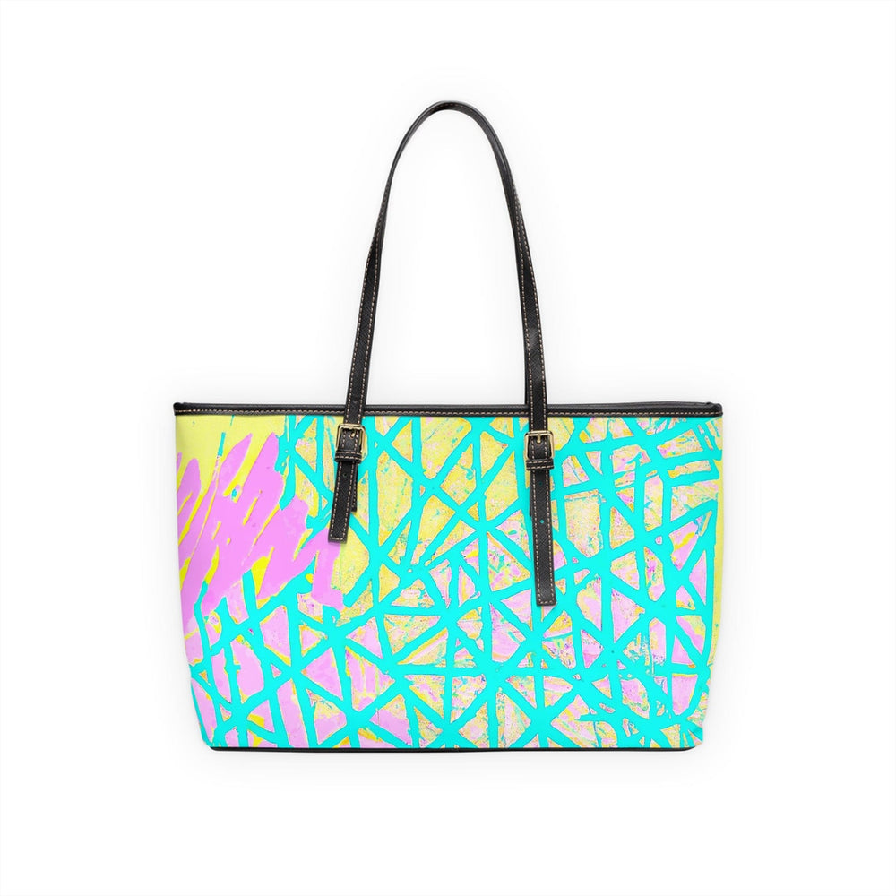 Large Leather Tote Shoulder Bag Cyan Blue Lime Green and Pink Pattern - Bags