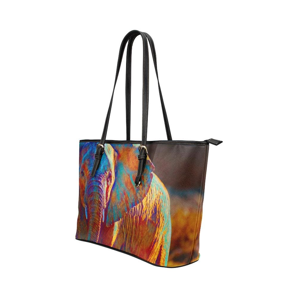 Large Leather Tote Shoulder Bag - Elephant Multicolor Illustration