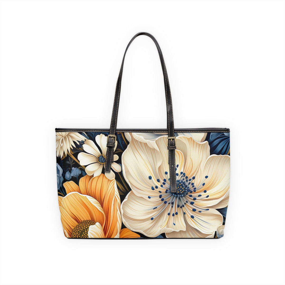 Large Leather Tote Shoulder Bag Floral Blue Print - Bags