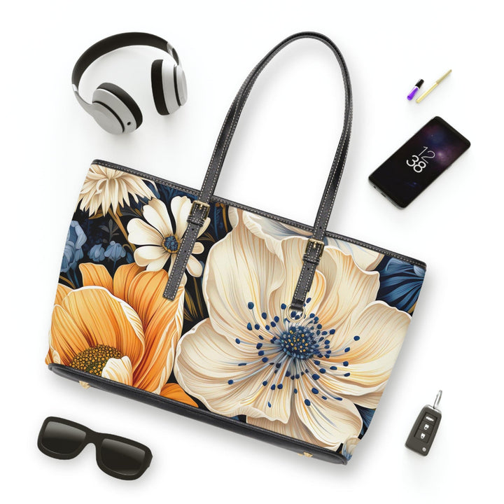 Large Leather Tote Shoulder Bag Floral Blue Print - Bags