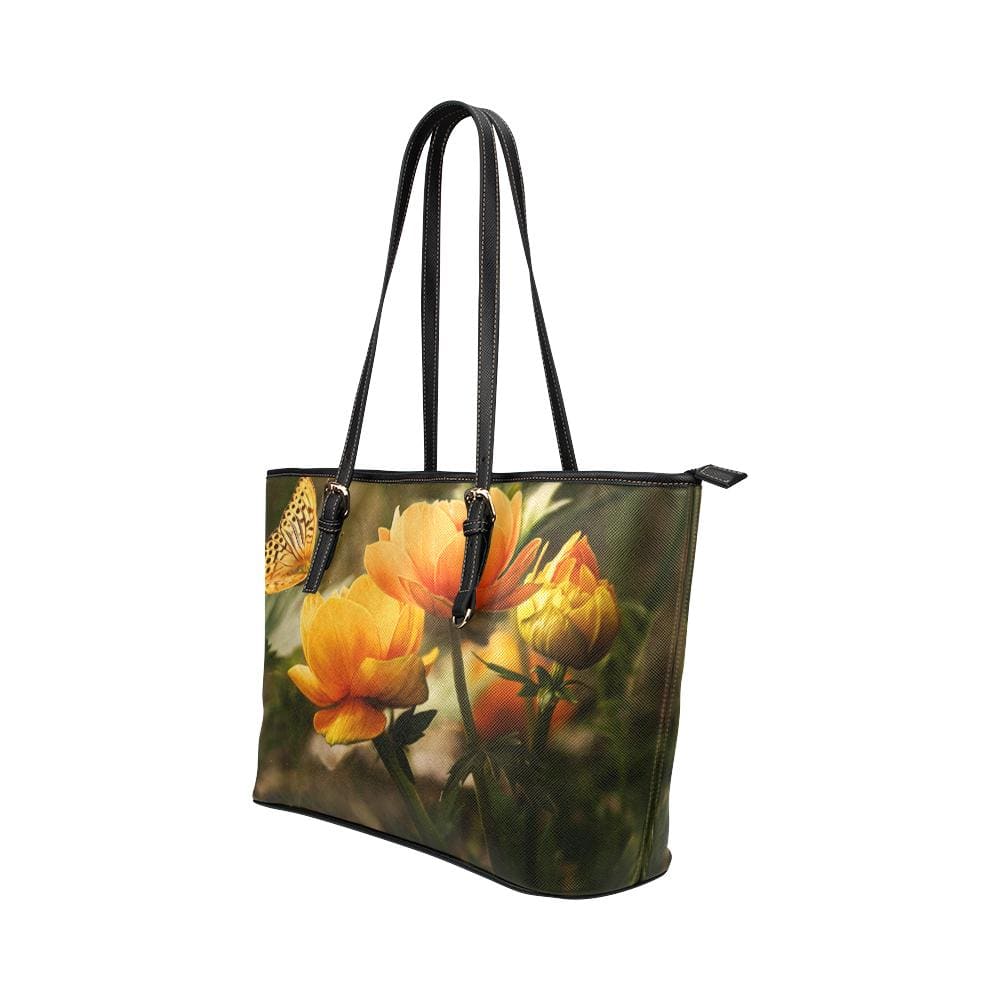 Large Leather Tote Shoulder Bag - Floral Multicolor Butterfly Illustration