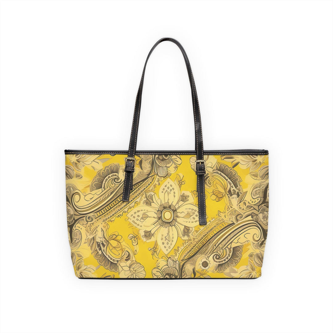 Large Leather Tote Shoulder Bag Floral Yellow Bandanna Print - Bags | Leather