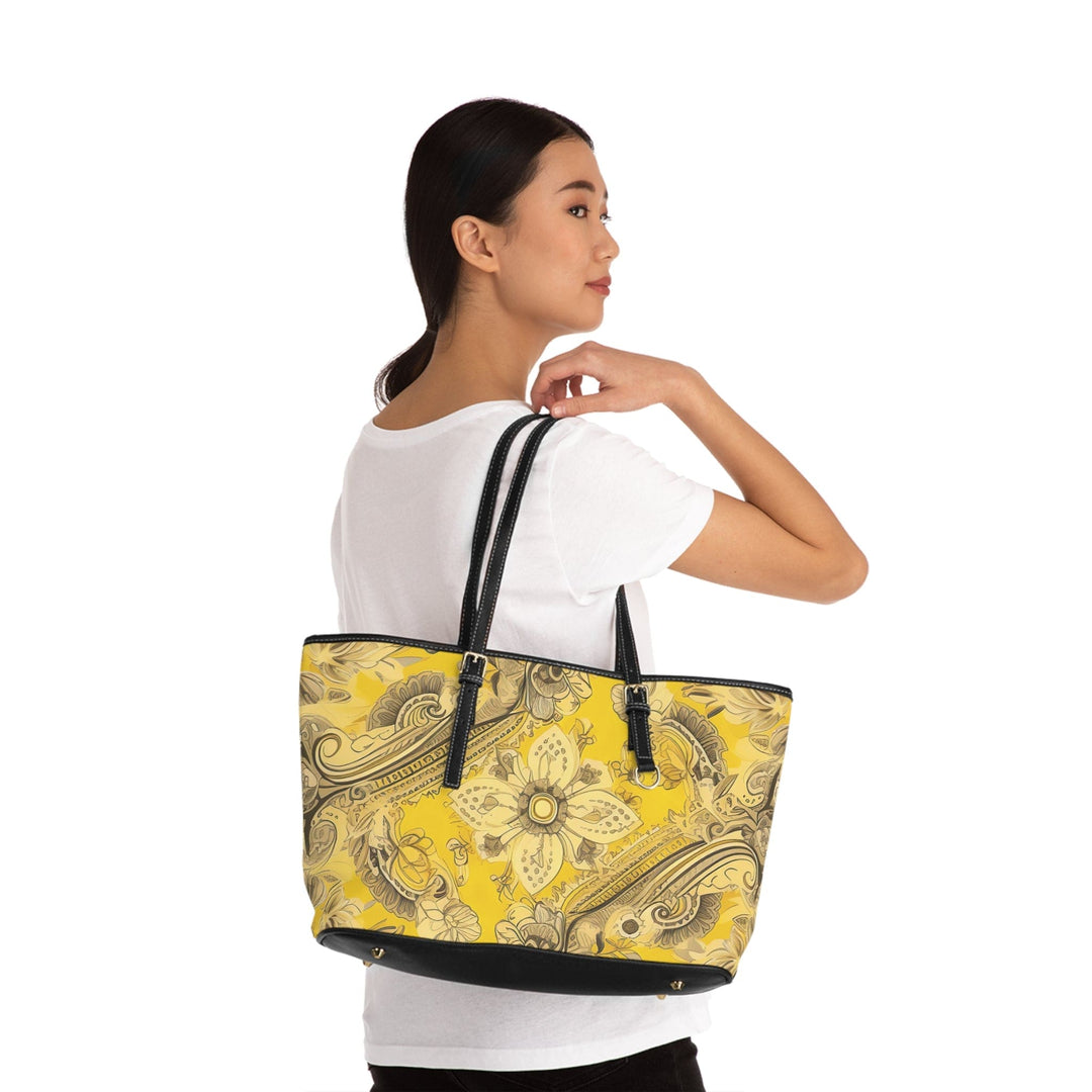 Large Leather Tote Shoulder Bag Floral Yellow Bandanna Print - Bags | Leather