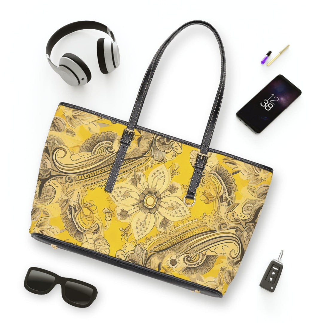 Large Leather Tote Shoulder Bag Floral Yellow Bandanna Print - Bags | Leather