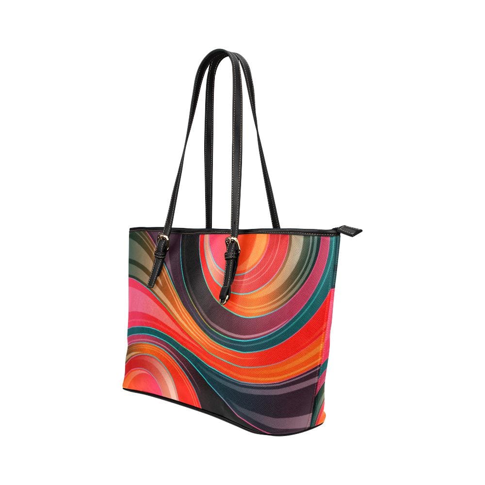 Large Leather Tote Shoulder Bag - Geometric Circular Multicolor Illustration