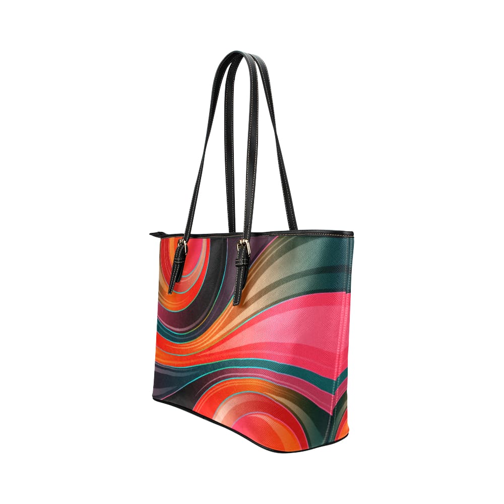 Large Leather Tote Shoulder Bag - Geometric Circular Multicolor Illustration