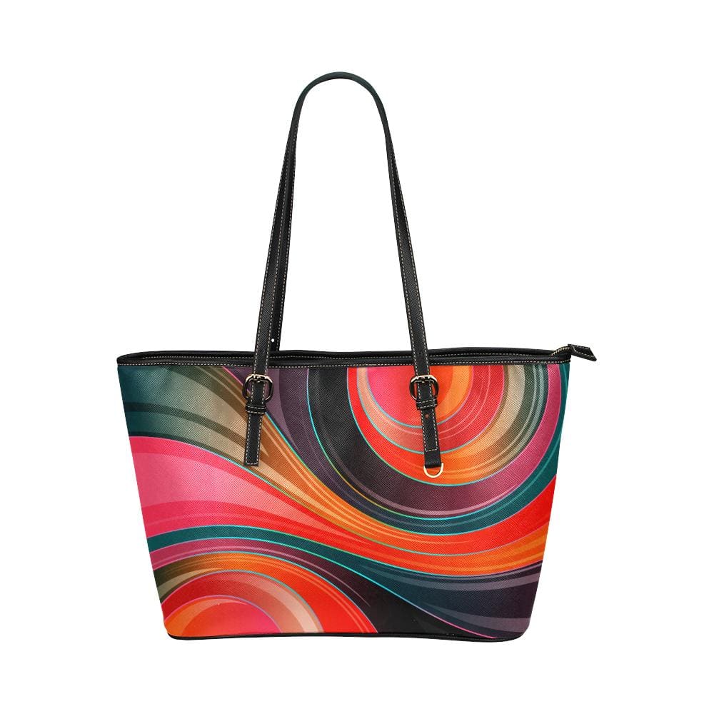 Large Leather Tote Shoulder Bag - Geometric Circular Multicolor Illustration