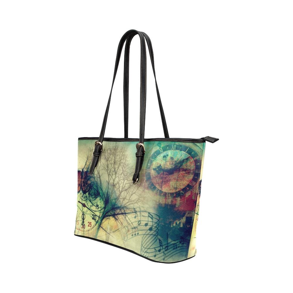 Large Leather Tote Shoulder Bag - Green Antique Clock Print - Bags | Leather