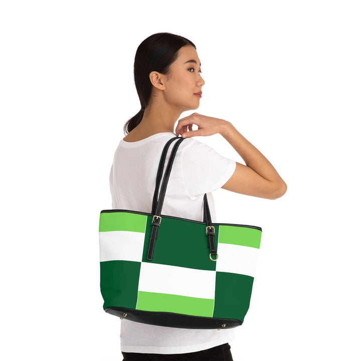 Large Leather Tote Shoulder Bag Green White Colorblock Grid Lines - Bags