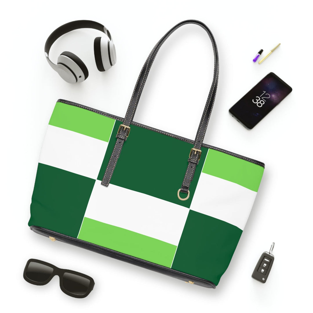 Large Leather Tote Shoulder Bag Green White Colorblock Grid Lines - Bags