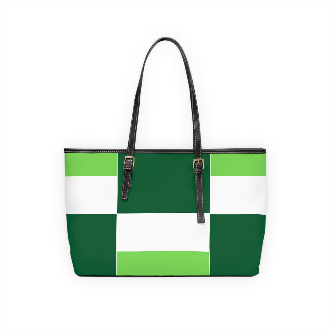 Large Leather Tote Shoulder Bag Green White Colorblock Grid Lines - Bags