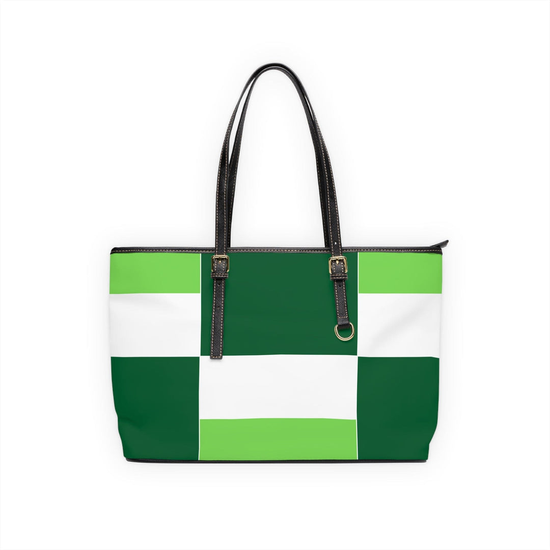 Large Leather Tote Shoulder Bag Green White Colorblock Grid Lines - Bags