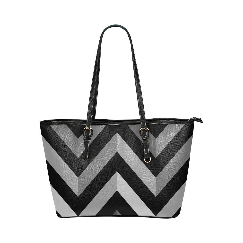 Large Leather Tote Shoulder Bag - Grey and Black Herringbone Handbag - Bags