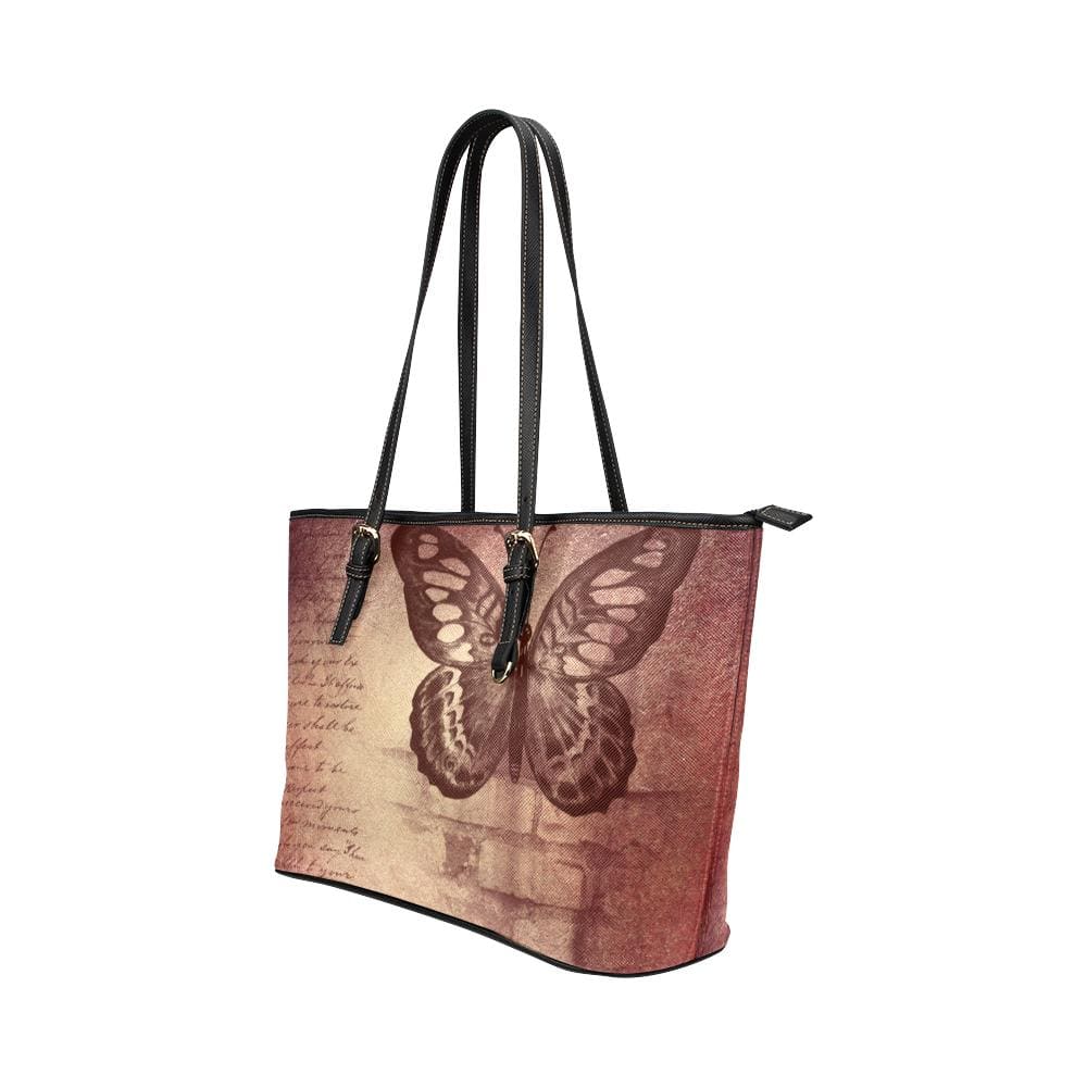 Large Leather Tote Shoulder Bag - Mauve Butterfly Multicolor Illustration