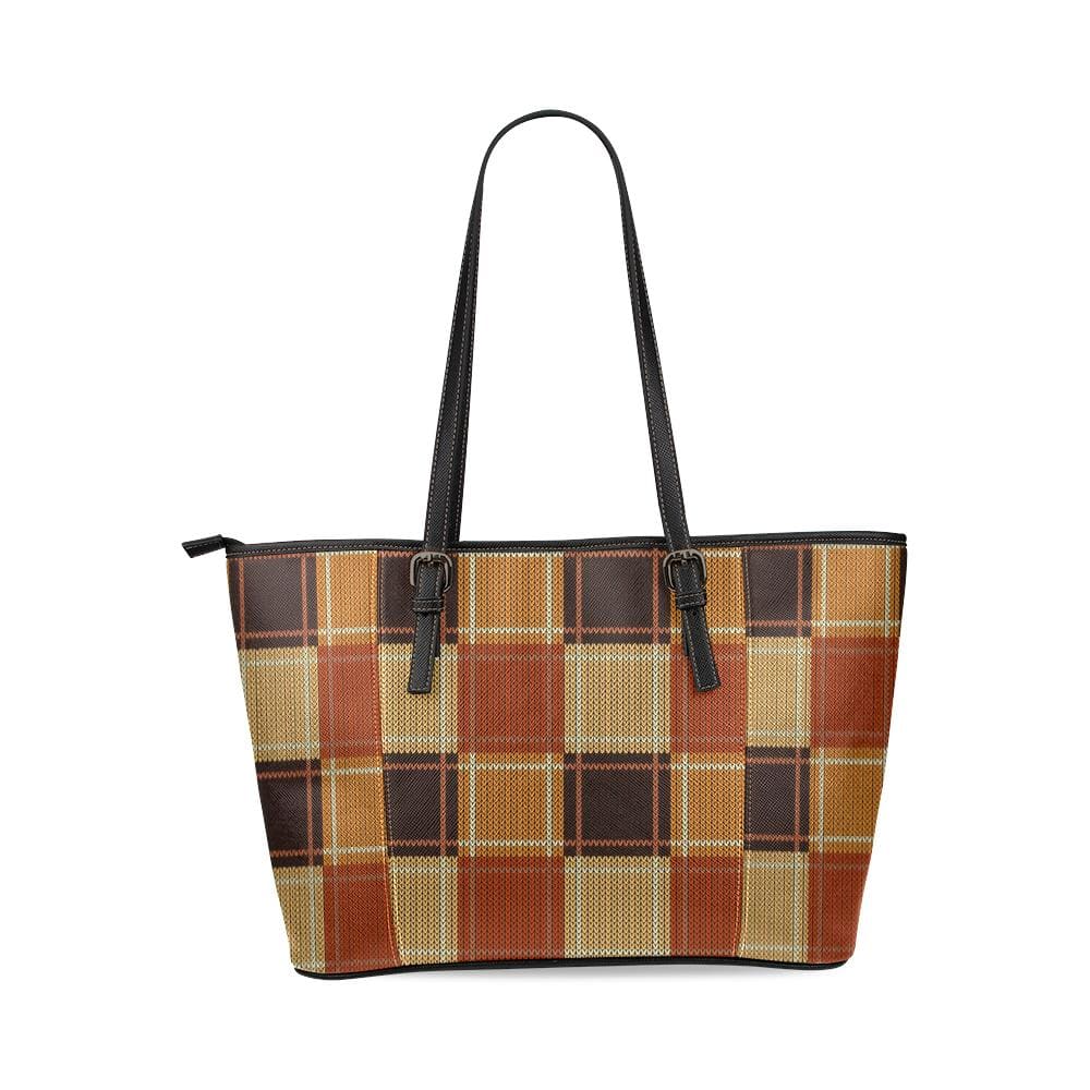 Large Leather Tote Shoulder Bag - Mini Brown Checkered Illustration - Bags