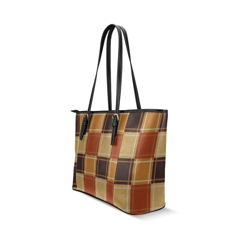 Large Leather Tote Shoulder Bag - Mini Brown Checkered Illustration - Bags