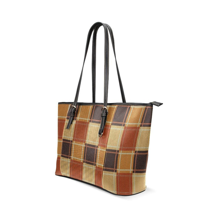 Large Leather Tote Shoulder Bag - Mini Brown Checkered Illustration - Bags