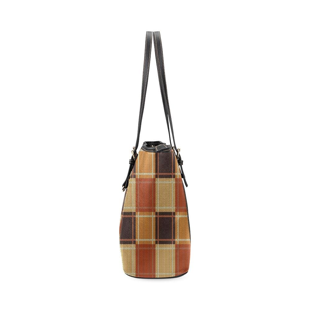 Large Leather Tote Shoulder Bag - Mini Brown Checkered Illustration - Bags