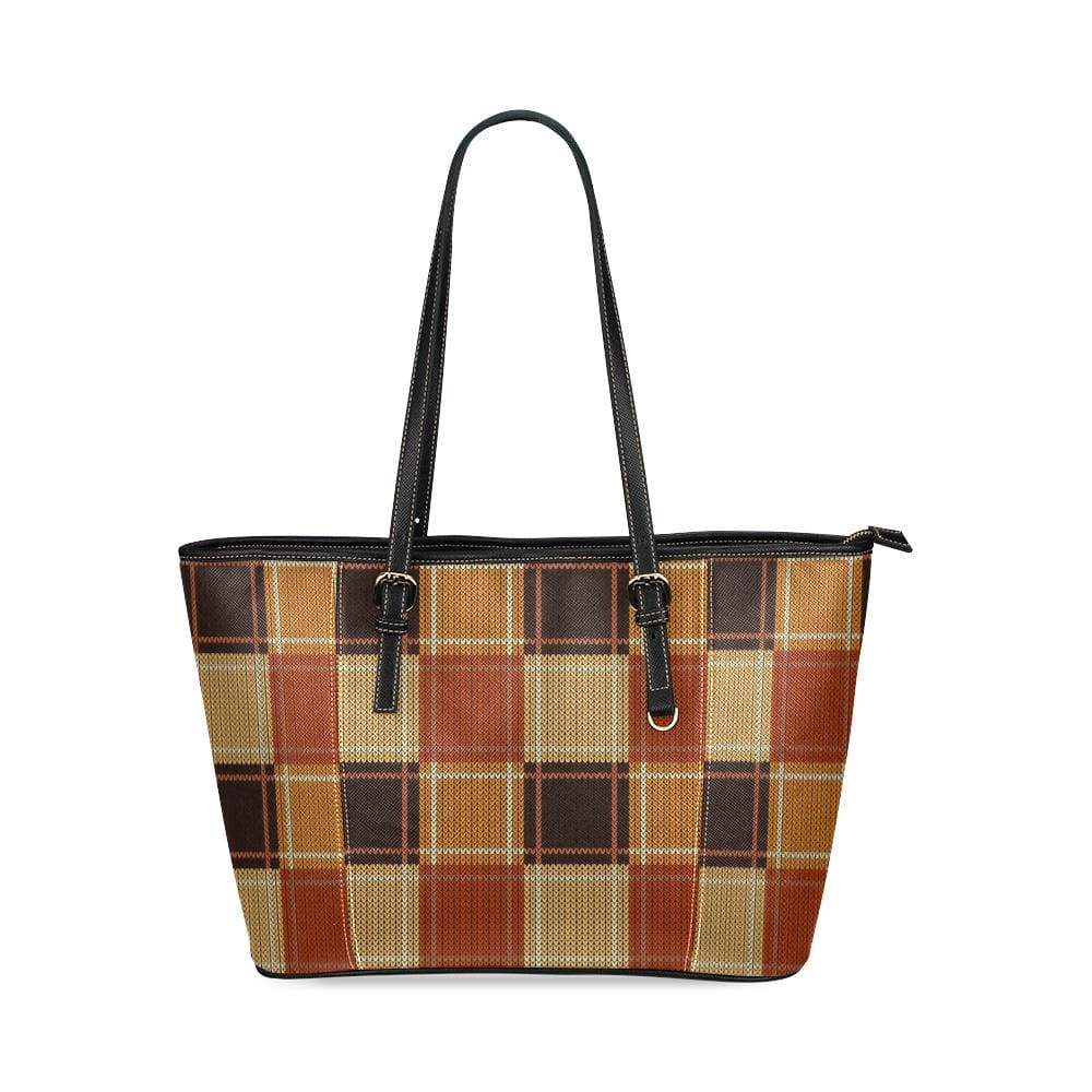 Large Leather Tote Shoulder Bag - Mini Brown Checkered Illustration - Bags