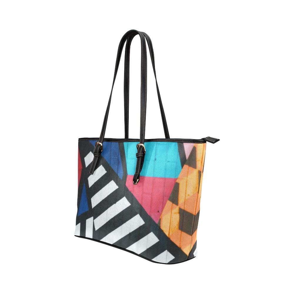 Large Leather Tote Shoulder Bag - Multicolor Geometric Illustration