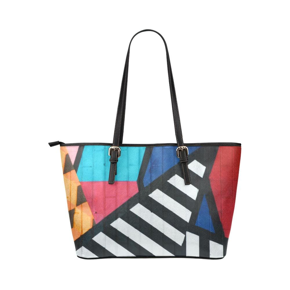 Large Leather Tote Shoulder Bag - Multicolor Geometric Illustration - Bags