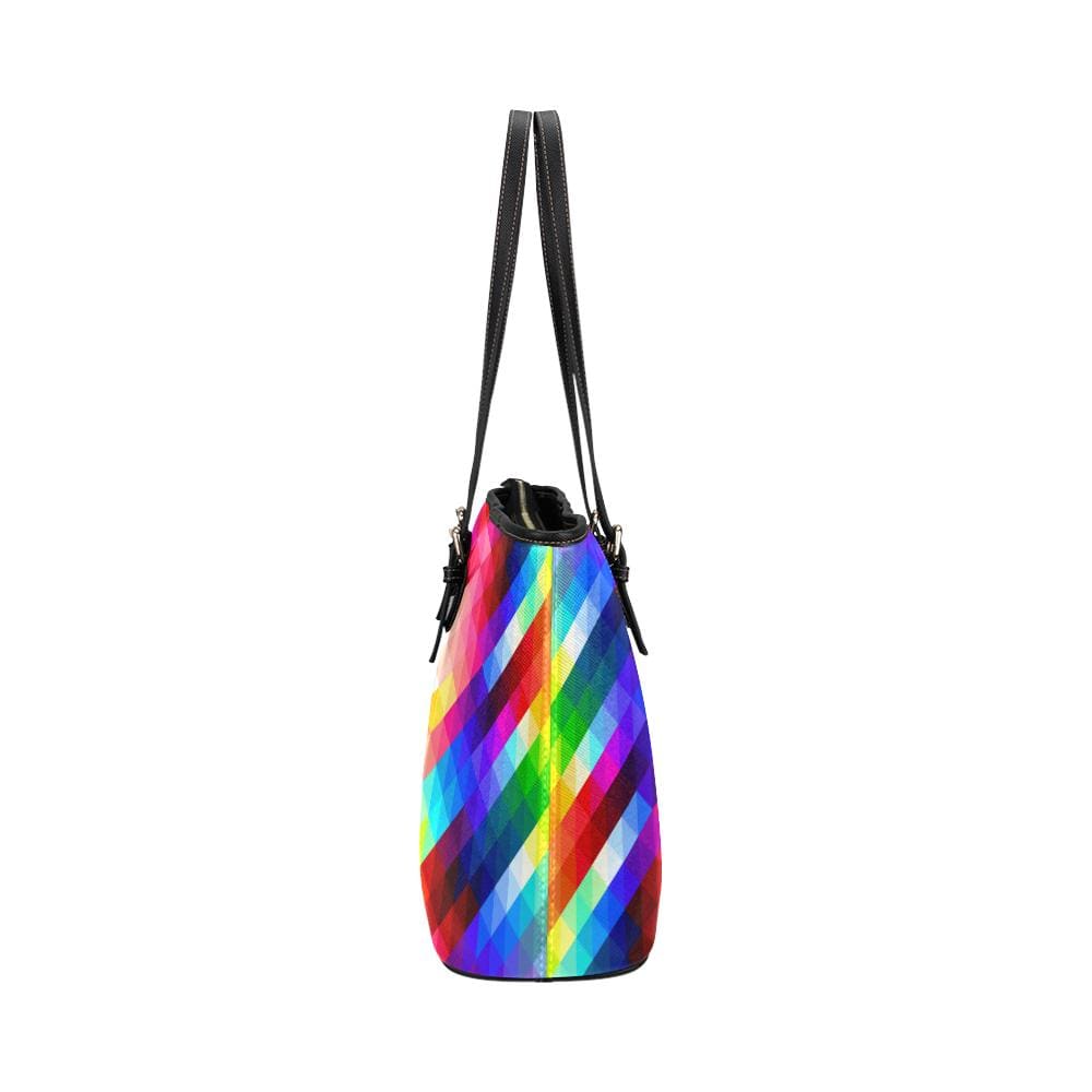 Large Leather Tote Shoulder Bag - Multicolor Grid Illustration - Bags | Leather