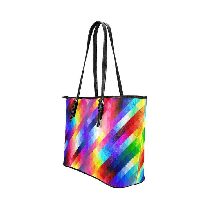 Large Leather Tote Shoulder Bag - Multicolor Grid Illustration - Bags | Leather