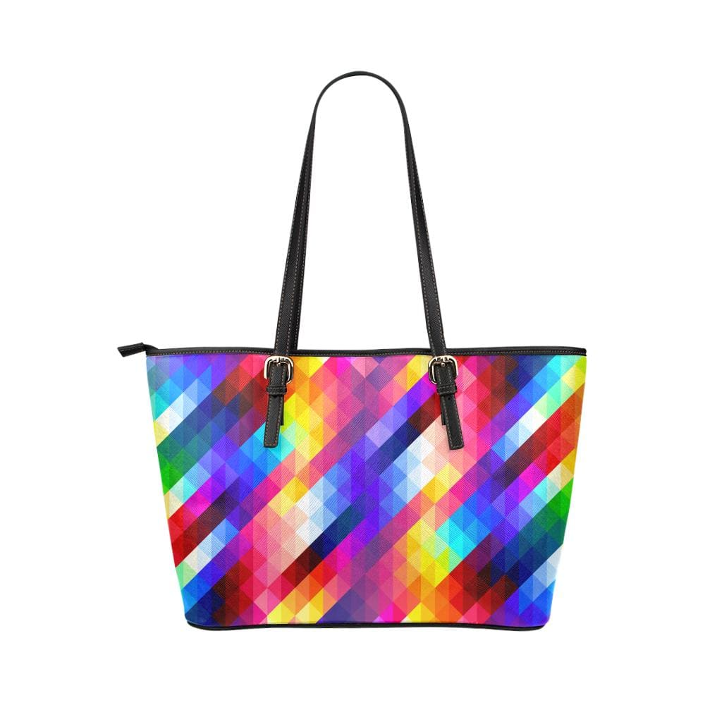 Large Leather Tote Shoulder Bag - Multicolor Grid Illustration - Bags | Leather