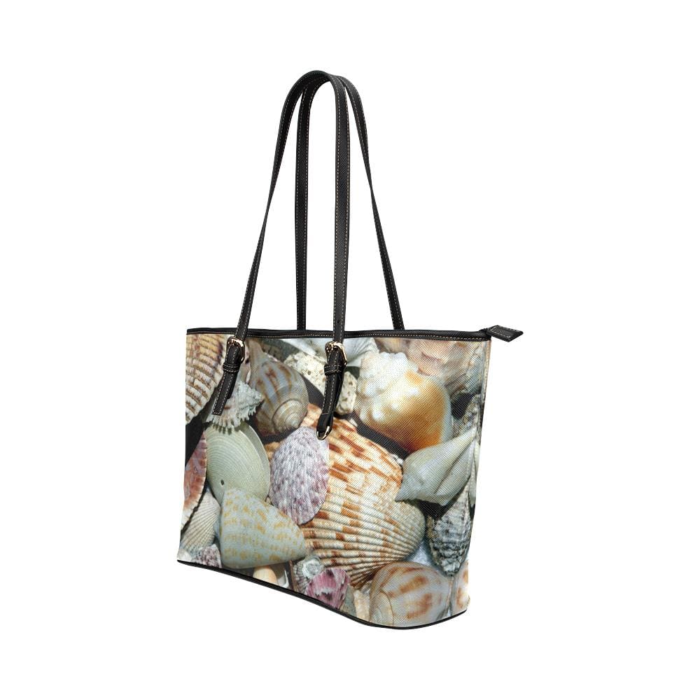 Large Leather Tote Shoulder Bag - Multicolor Sea Shell Illustration