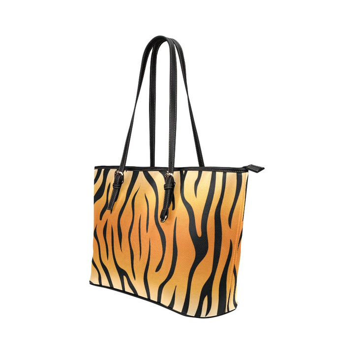 Large Leather Tote Shoulder Bag - Orange and Black Vertical Tiger Stripe - Bags