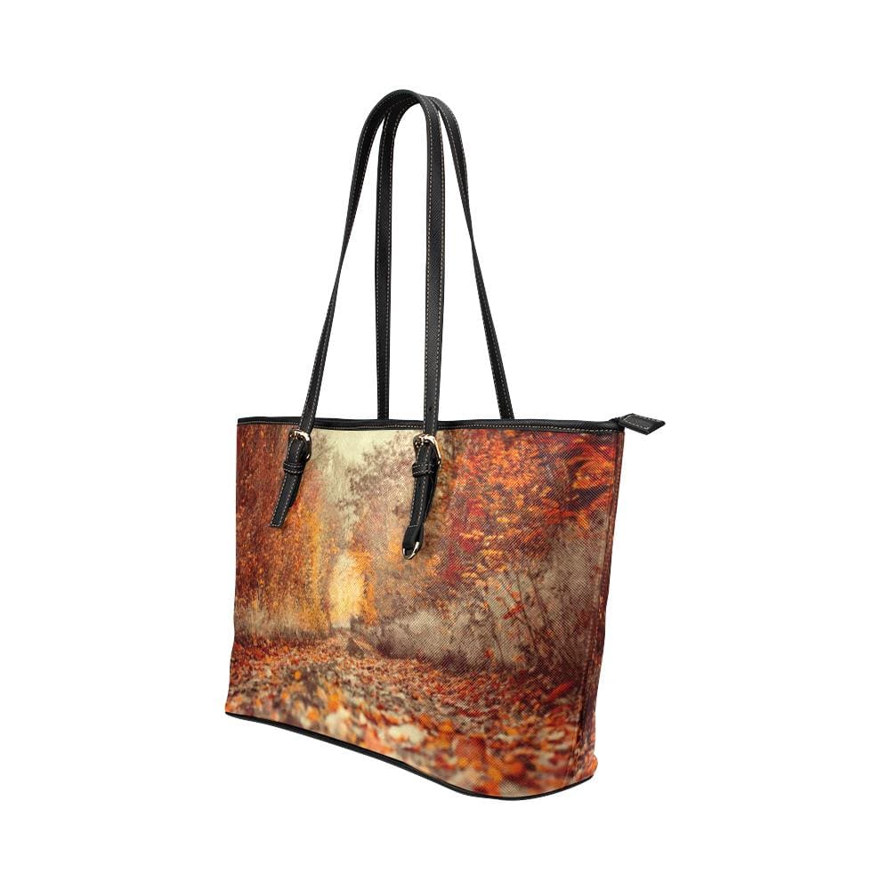 Large Leather Tote Shoulder Bag - Orange Autumn Forest Handbag - Bags | Leather