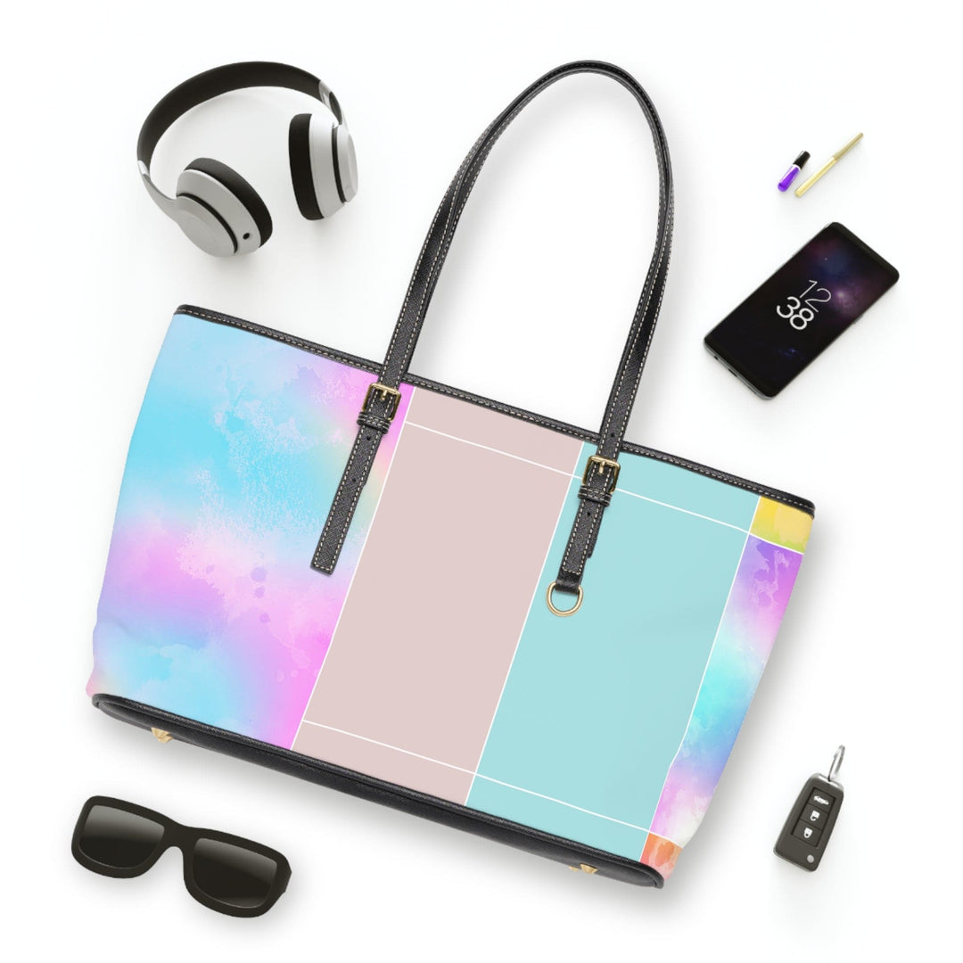 Large Leather Tote Shoulder Bag Pastel Colorblock Watercolor Illustration