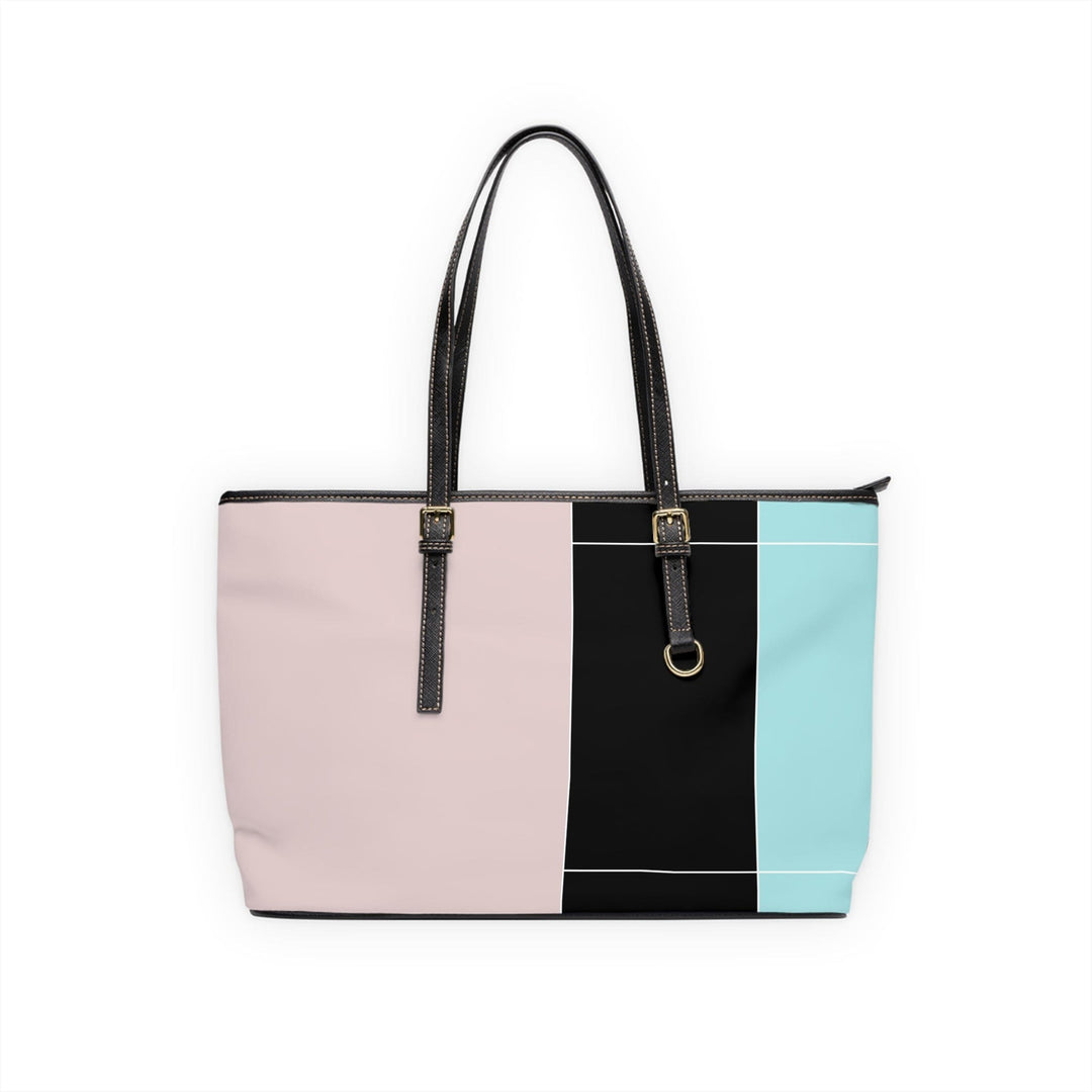 Large Leather Tote Shoulder Bag Pastel Pink Black Blue Colorblock Lines - Bags