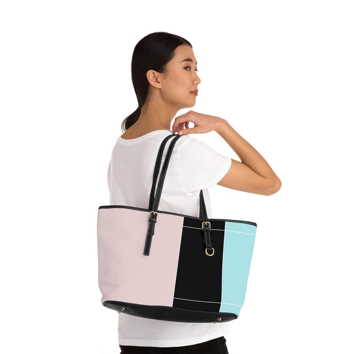 Large Leather Tote Shoulder Bag Pastel Pink Black Blue Colorblock Lines - Bags