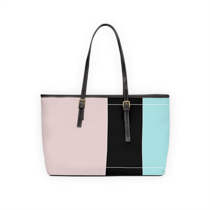 Large Leather Tote Shoulder Bag Pastel Pink Black Blue Colorblock Lines - Bags