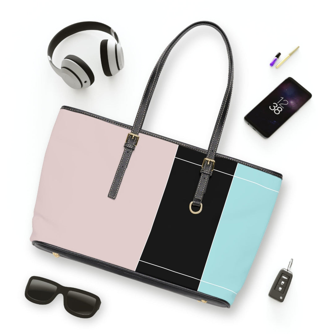 Large Leather Tote Shoulder Bag Pastel Pink Black Blue Colorblock Lines - Bags