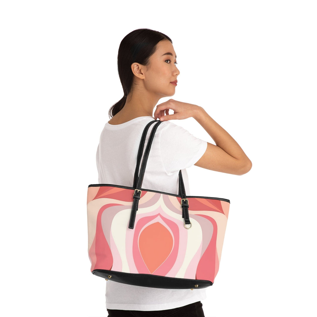 Large Leather Tote Shoulder Bag Pink White Boho Swirl Lines - Bags | Leather