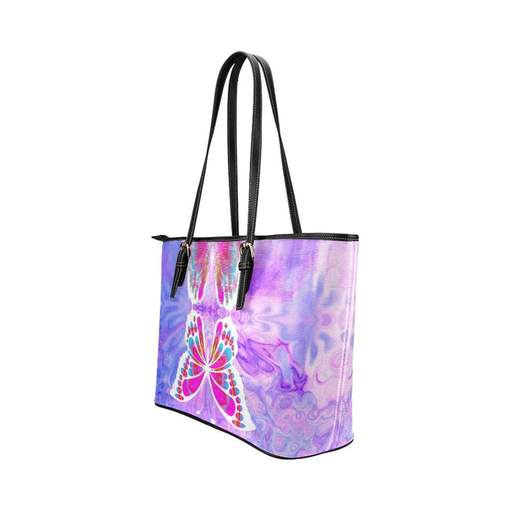 Large Leather Tote Shoulder Bag - Purple And Black Gradient Butterfly Pattern