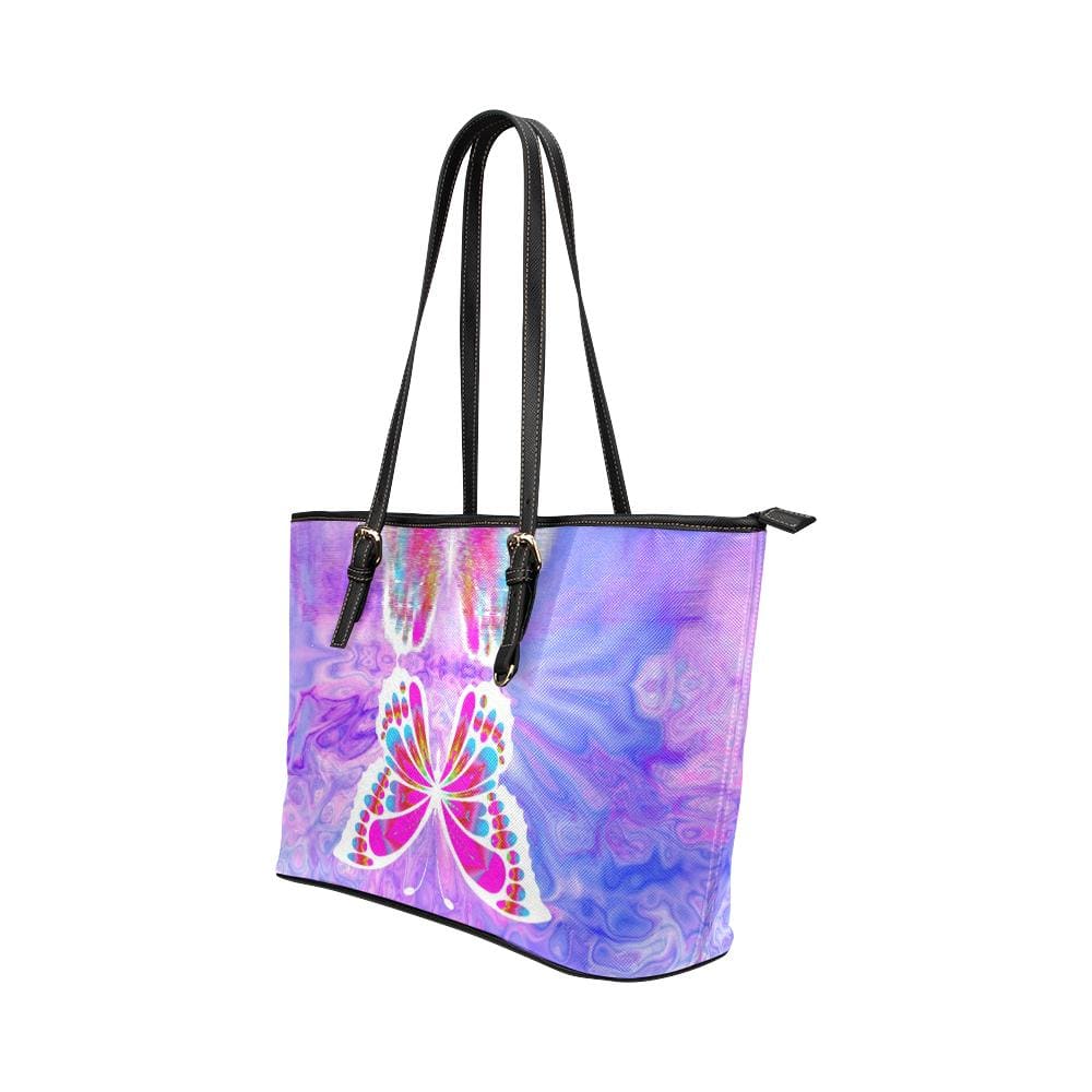 Large Leather Tote Shoulder Bag - Purple and Black Gradient Butterfly Print