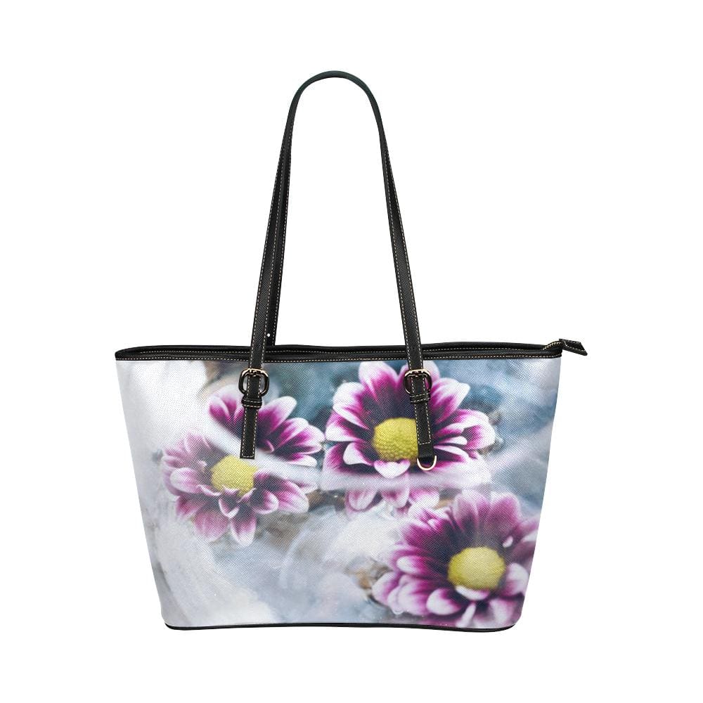 Large Leather Tote Shoulder Bag - Purple Floral Illustration - Bags | Leather