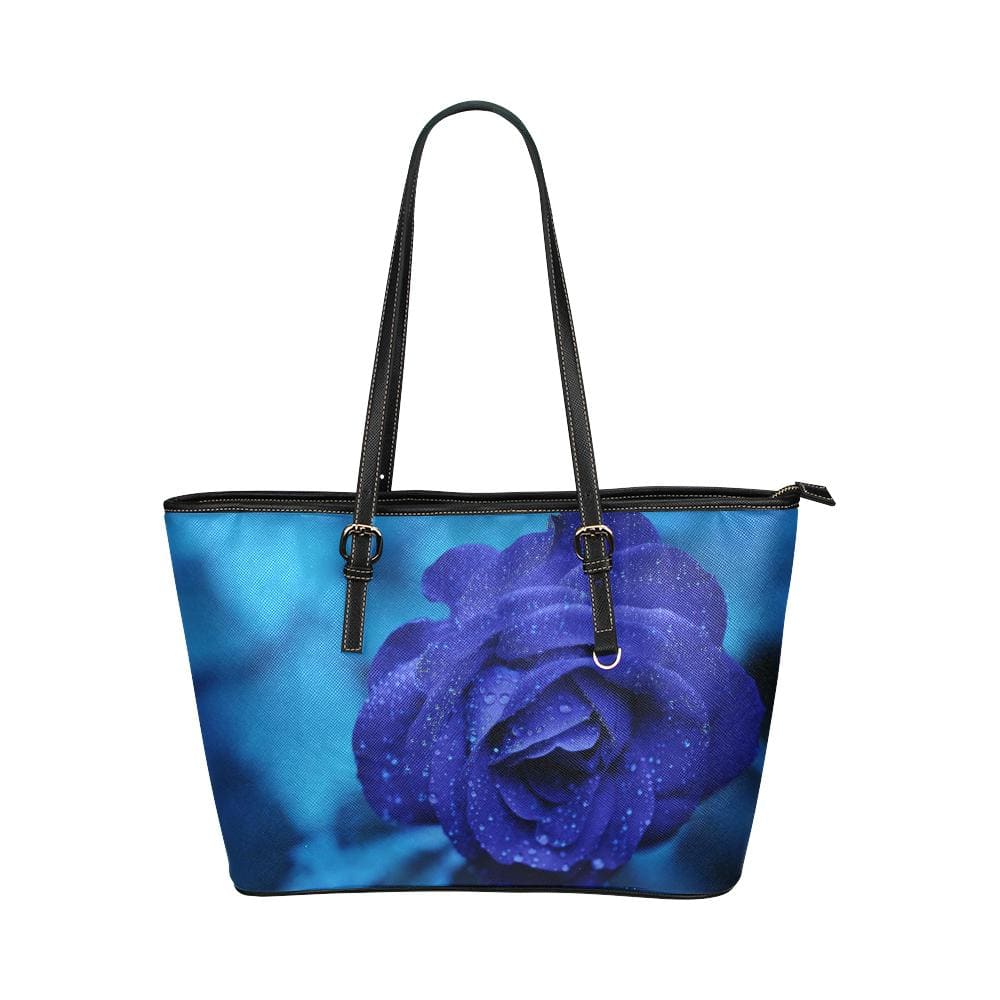 Large Leather Tote Shoulder Bag - Purple Stem Rose Illustration - Bags