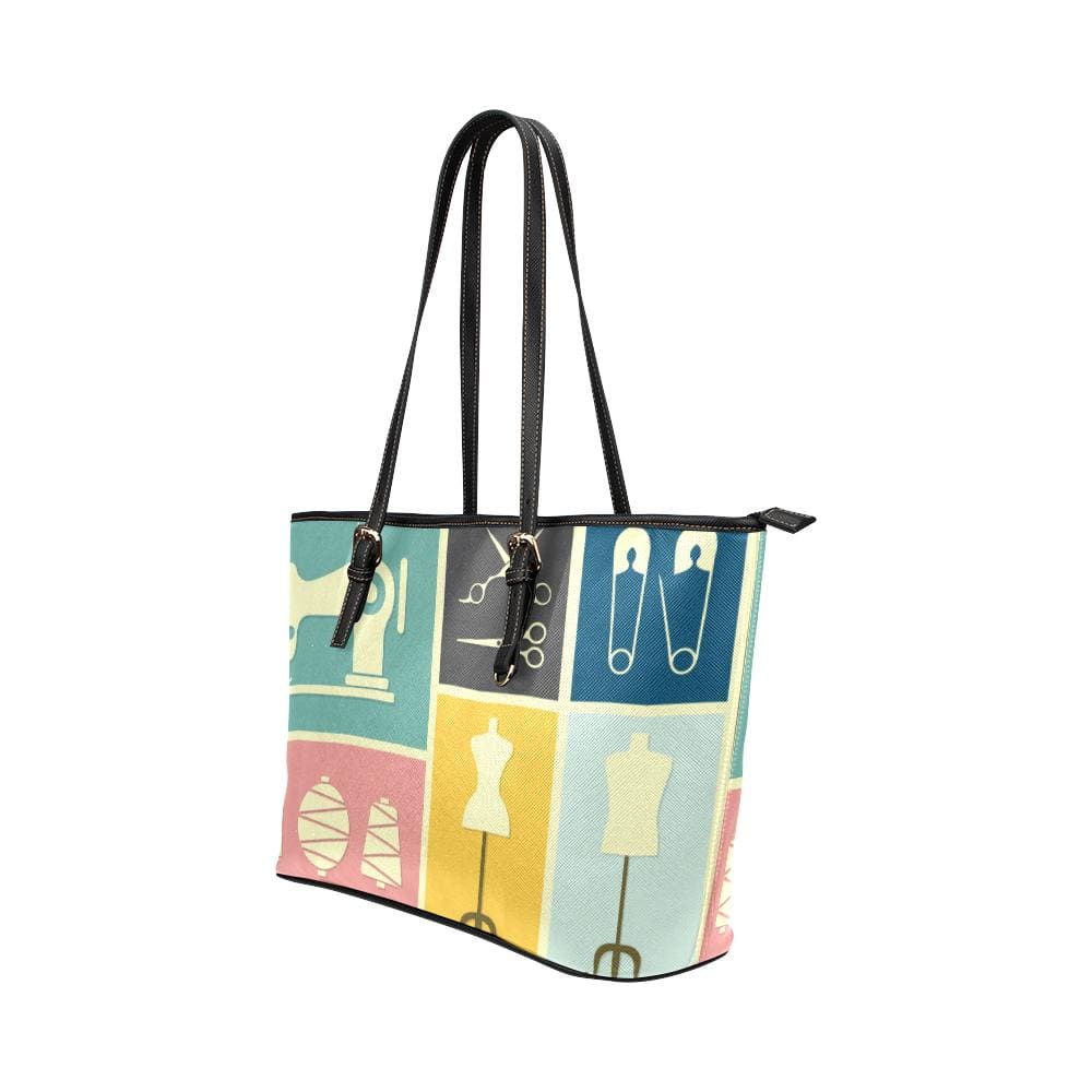 Large Leather Tote Shoulder Bag - Simply Sewn Seamstress Print - Bags | Leather