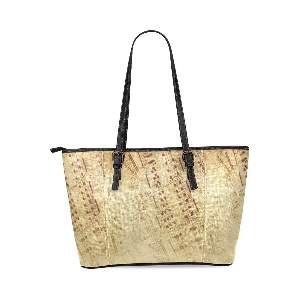 Large Leather Tote Shoulder Bag - Tan and Brown Sheet Music Pattern