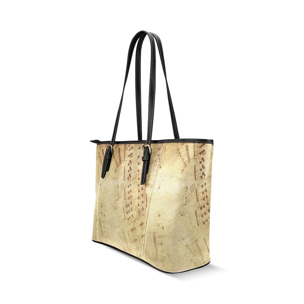 Large Leather Tote Shoulder Bag - Tan and Brown Sheet Music Print - Bags