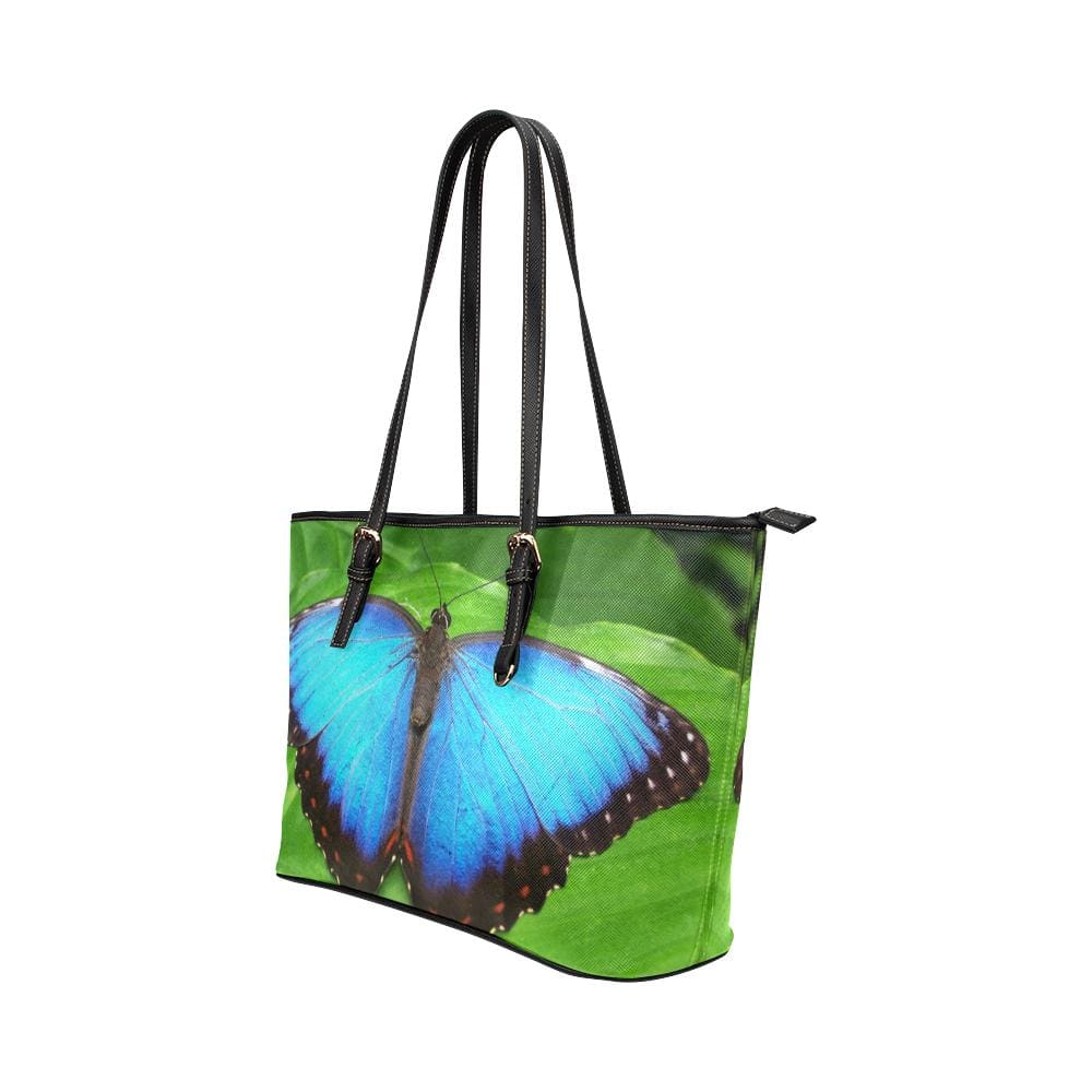 Large Leather Tote Shoulder Bag - Vibrant Blue Butterfly Illustration - Bags