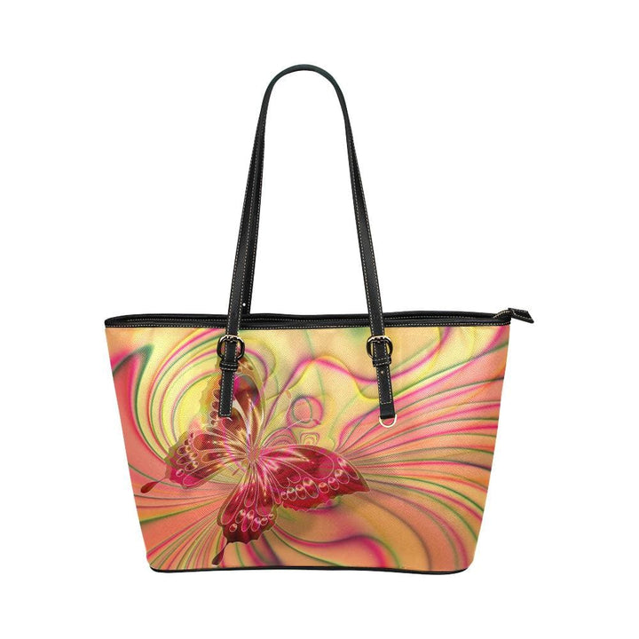 Large Leather Tote Shoulder Bag - Vibrant Butterfly Pattern Illustration - Bags