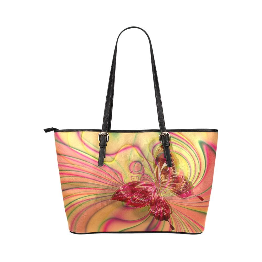 Large Leather Tote Shoulder Bag - Vibrant Butterfly Pattern Illustration - Bags