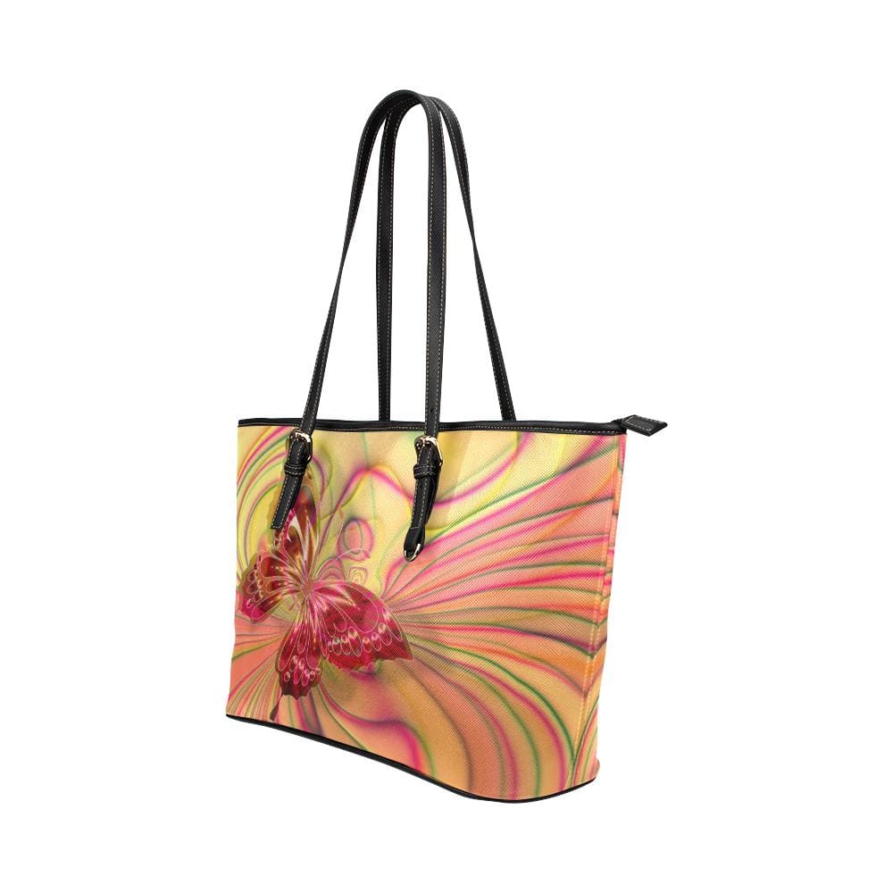 Large Leather Tote Shoulder Bag - Vibrant Butterfly Pattern Illustration - Bags