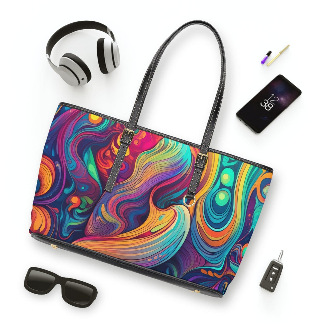 Large Leather Tote Shoulder Bag Vibrant Psychedelic Kaleidoscope Boho Print